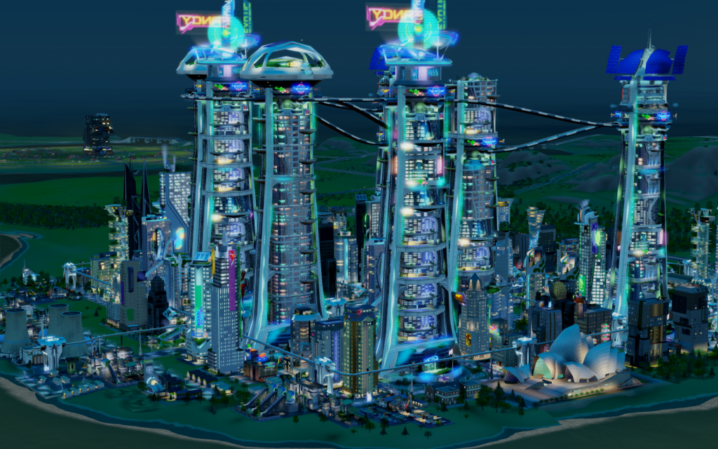 A city focused on clean energy, with a few gleaming megatowers.