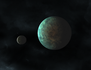 A pretty moon with its planet in the distance