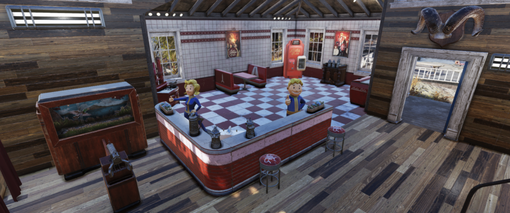 A player camp from Fallout 76 with a lovely diner design.