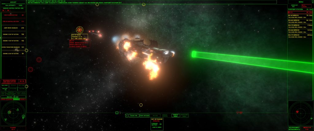 My starship, A55-H4T, with multiple fires, disabled engines and jump drive; enemy battlecruiser in the distance with missiles on their way.