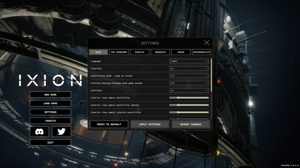 IXION main menu, with settings menu open; Tiqqun space station rotating in background.